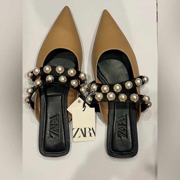 NWT Zara Brown Mules with Pearl Straps - Picture 2 of 3